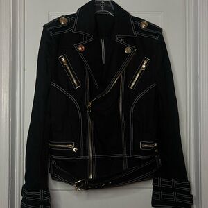 BALMAIN Black Denim Motor Jacket with Gold Hardware